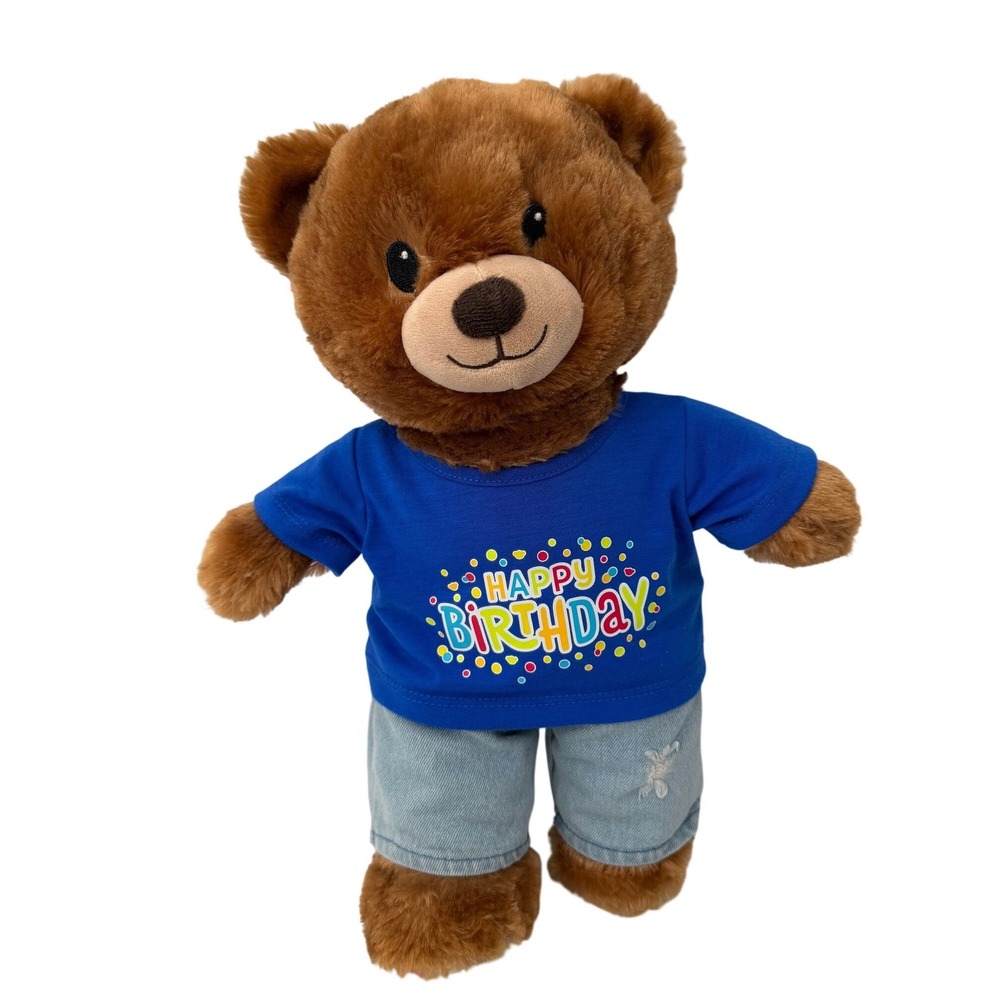 Build-A-Bear Teddy Bear Plush Happy Birthday Blue Shirt Denim Jeans Brown 16 in